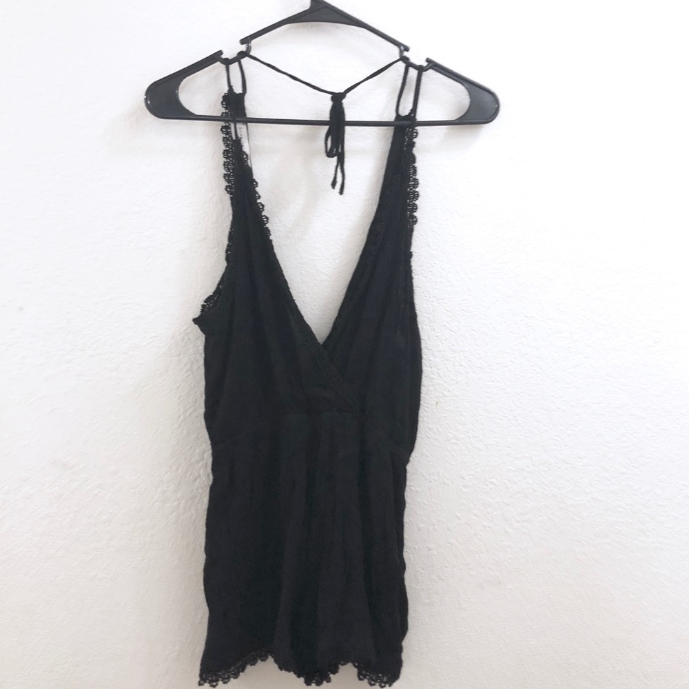 Black Halter Romper V Neck Summer Crochet Trim